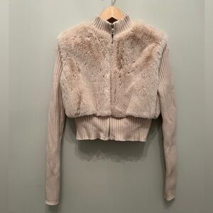 Bershka Faux Fur Long Sleeve Zip Up Sweater Beige